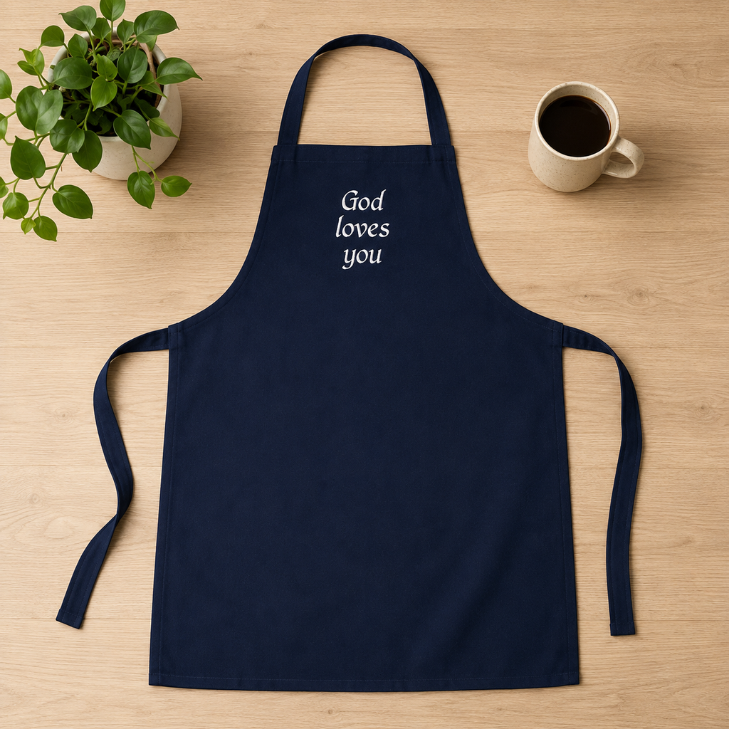 "God Loves You" Embroidered Apron — Navy | Kingdom Wear UK