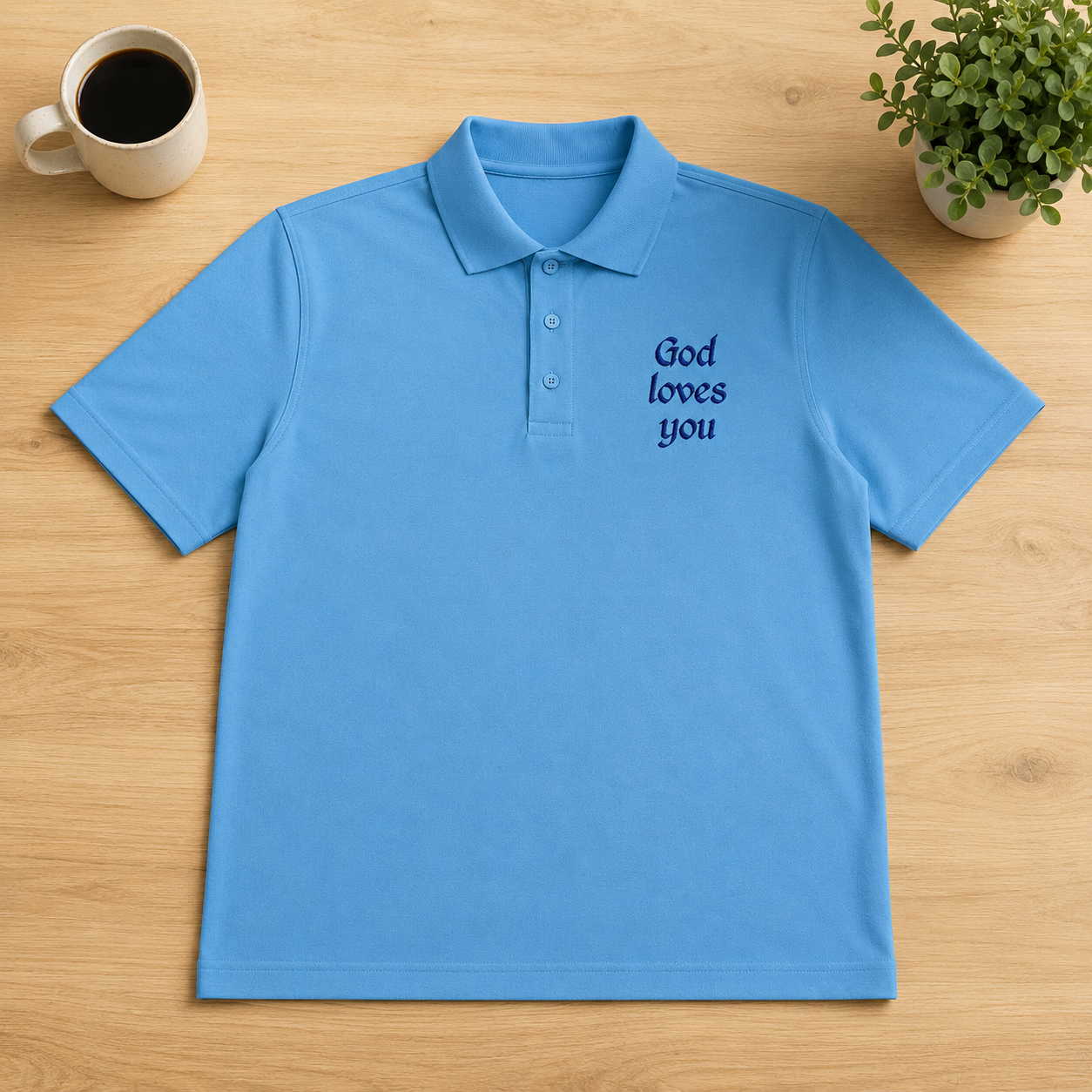 "God Loves You" Embroidered Polo Shirt — Sky Blue | Kingdom Wear UK