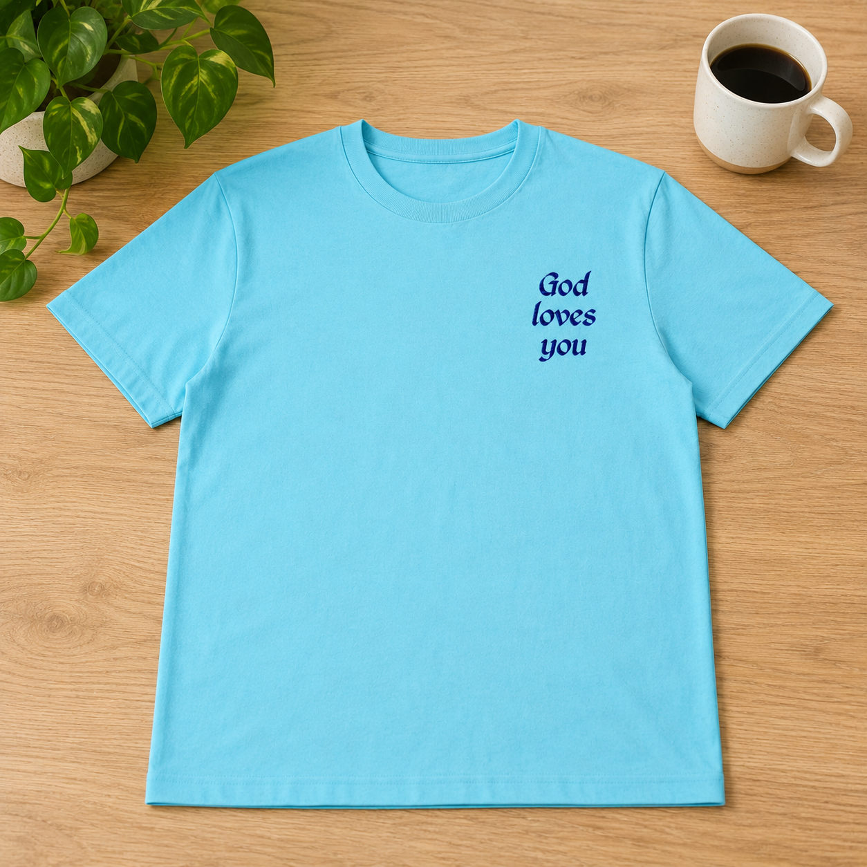 "God Loves You" Embroidered T-shirt — Sky Blue | Kingdom Wear UK