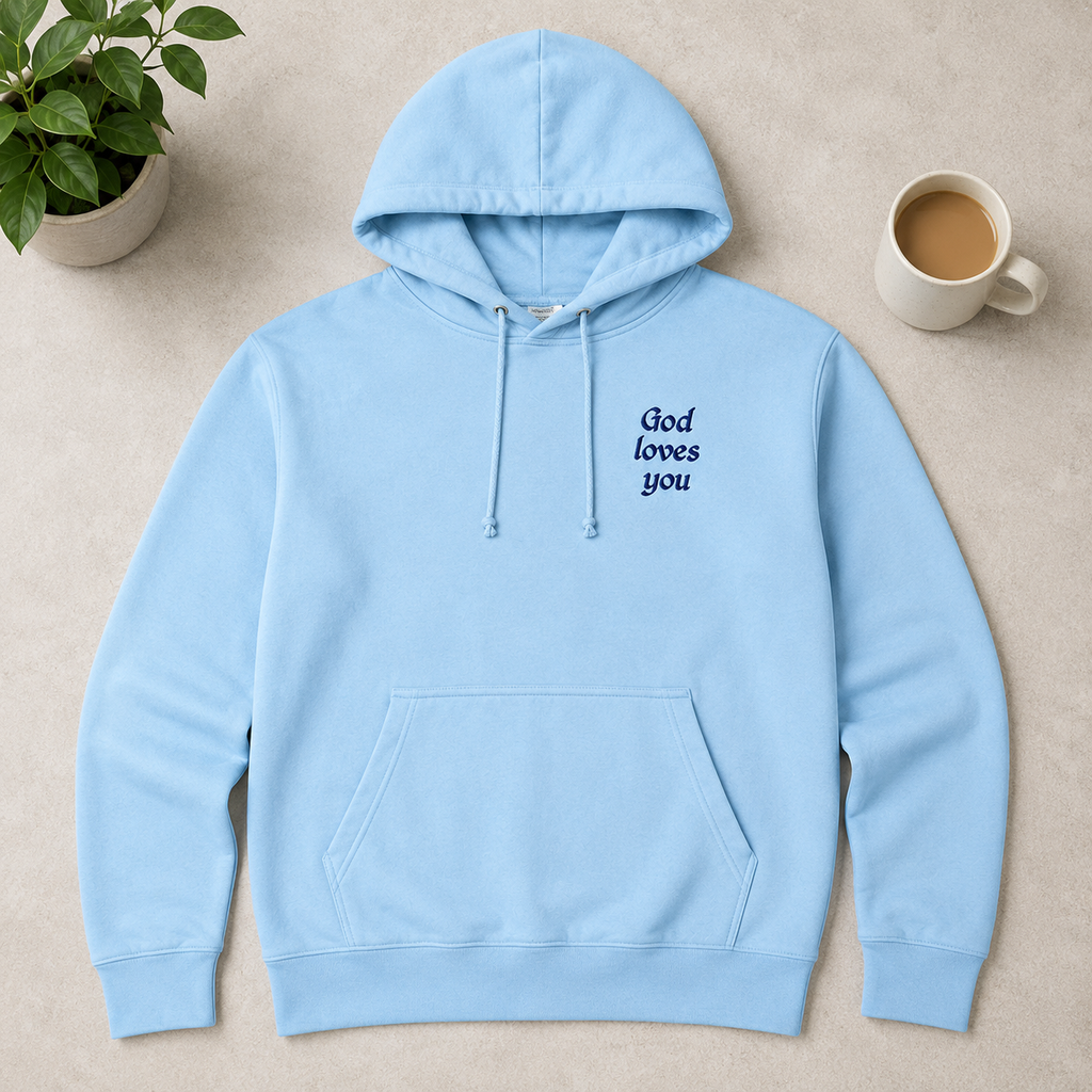 "God Loves You" Embroidered Hoodie — Sky Blue | Kingdom Wear UK
