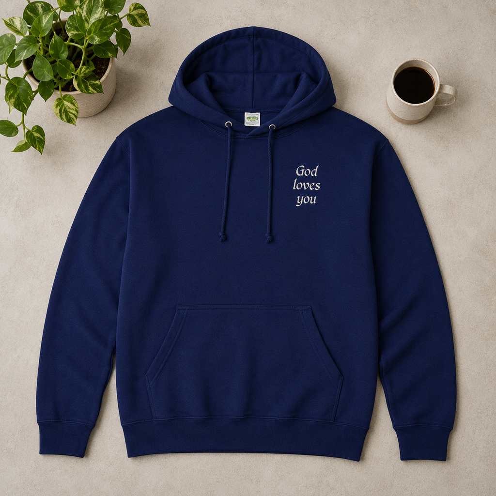 "God Loves You" Embroidered Hoodie — Navy | Kingdom Wear UK