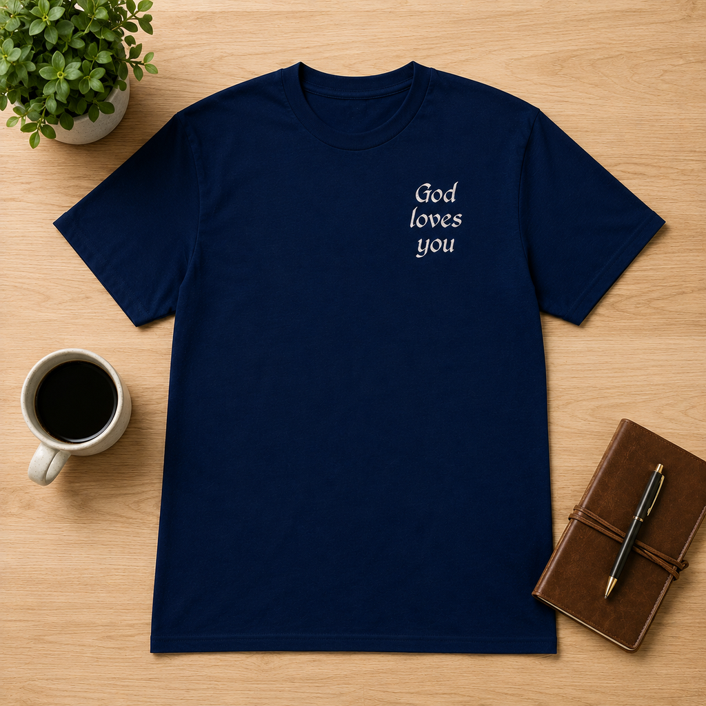 "God Loves You" Embroidered T-shirt — Navy | Kingdom Wear UK