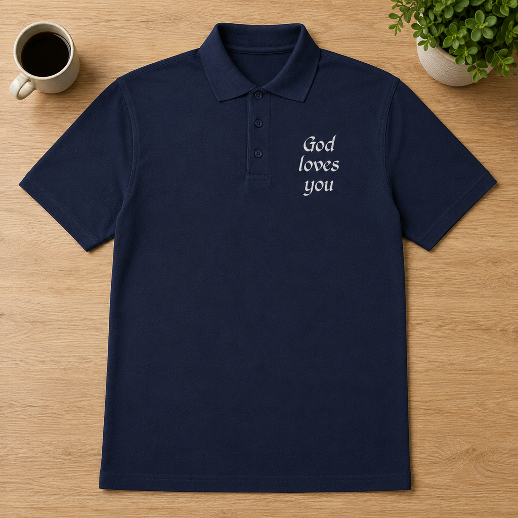 "God Loves You" Embroidered Polo Shirt — Navy | Kingdom Wear UK