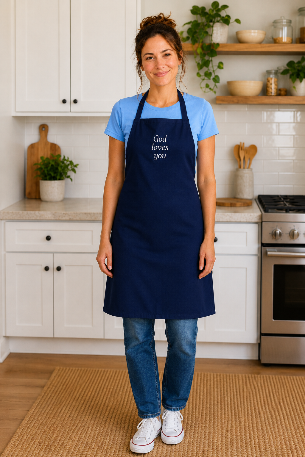 "God Loves You" Embroidered Apron — Navy | Kingdom Wear UK
